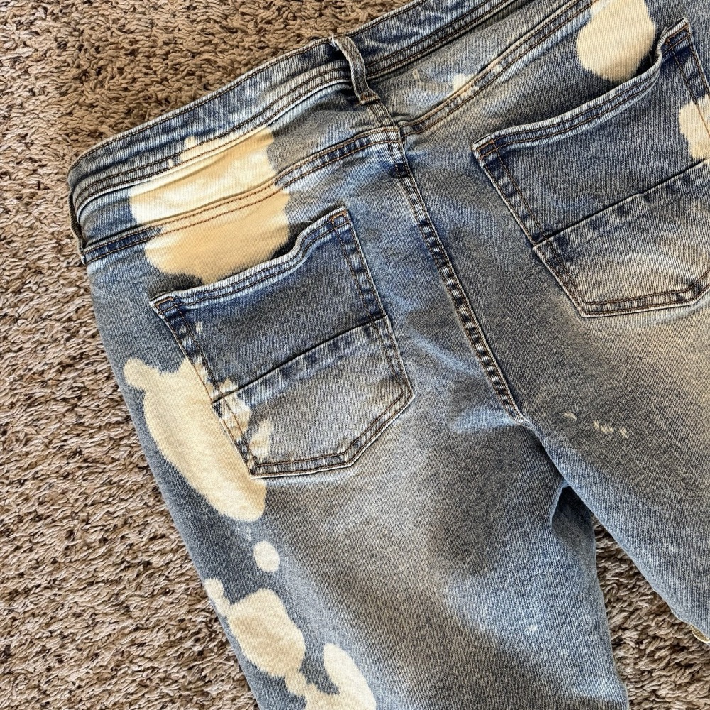 NOVA Bleached Denim Jeans Men Size 34 Embroidered Gothic Raw Hem - Picture 13 of 16